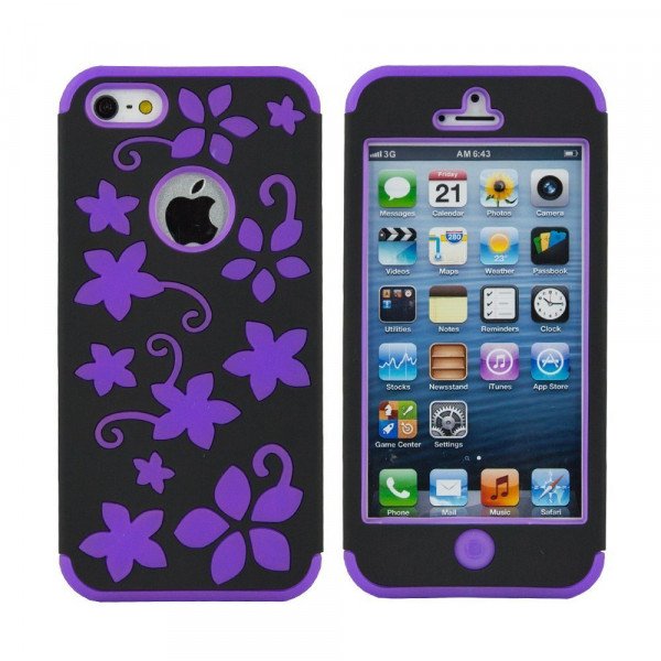 Wholesale iPhone 5 5S Flower Hard Hybrid Case (Black-Purple)